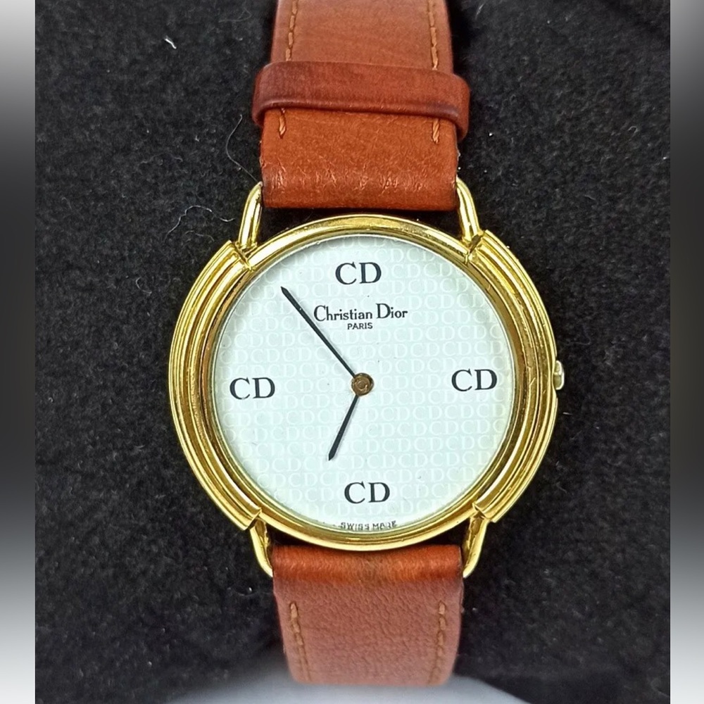 CHRISTIAN DIOR PARIS WATCH VINTAGE WRISTWATCH LUXURY GOLDEN ROUND WHITE DIAL